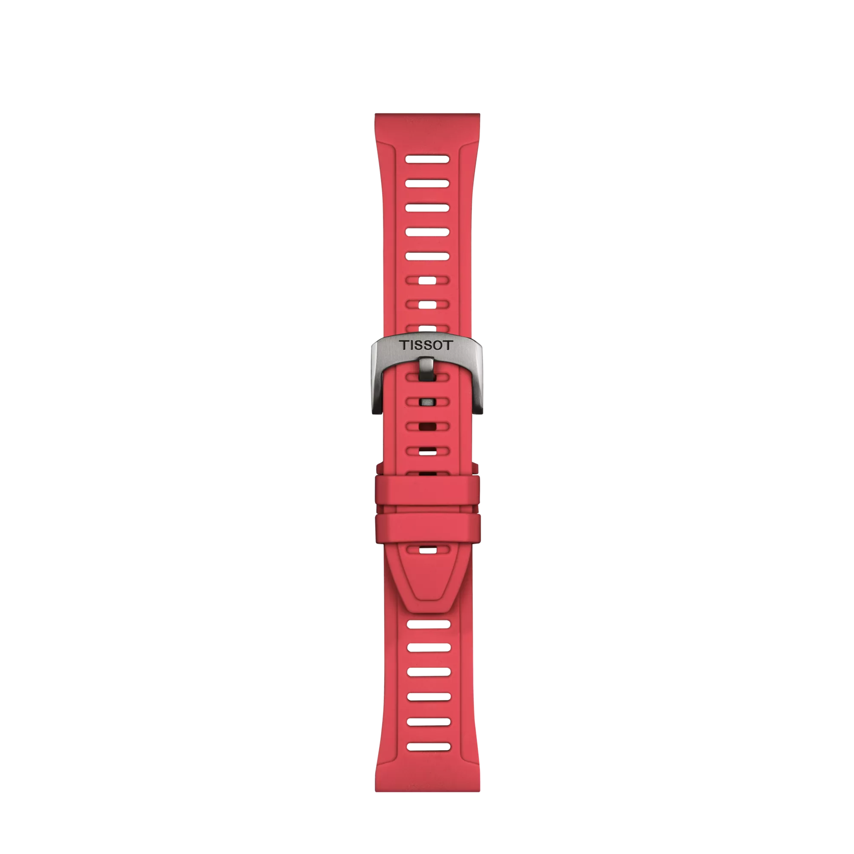 The Tissot Official Red Silicone Strap Lugs 21 mm XS features multiple adjustment holes and a silver buckle engraved with "TISSOT," displayed vertically on a white background.
