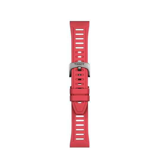 The Tissot Official Red Silicone Strap Lugs 21 mm XS features multiple adjustment holes and a silver buckle engraved with "TISSOT," displayed vertically on a white background.