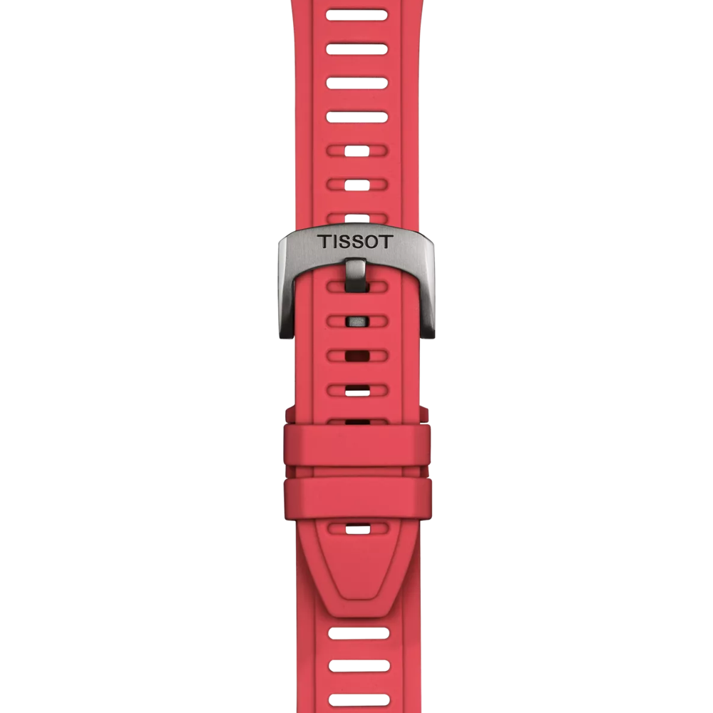 A Tissot Official Red Silicone Strap (Lugs 21 mm XS) featuring rectangular holes, a silver clasp engraved with "TISSOT," and two loops to secure the strap. The product is photographed centered on a plain white background.