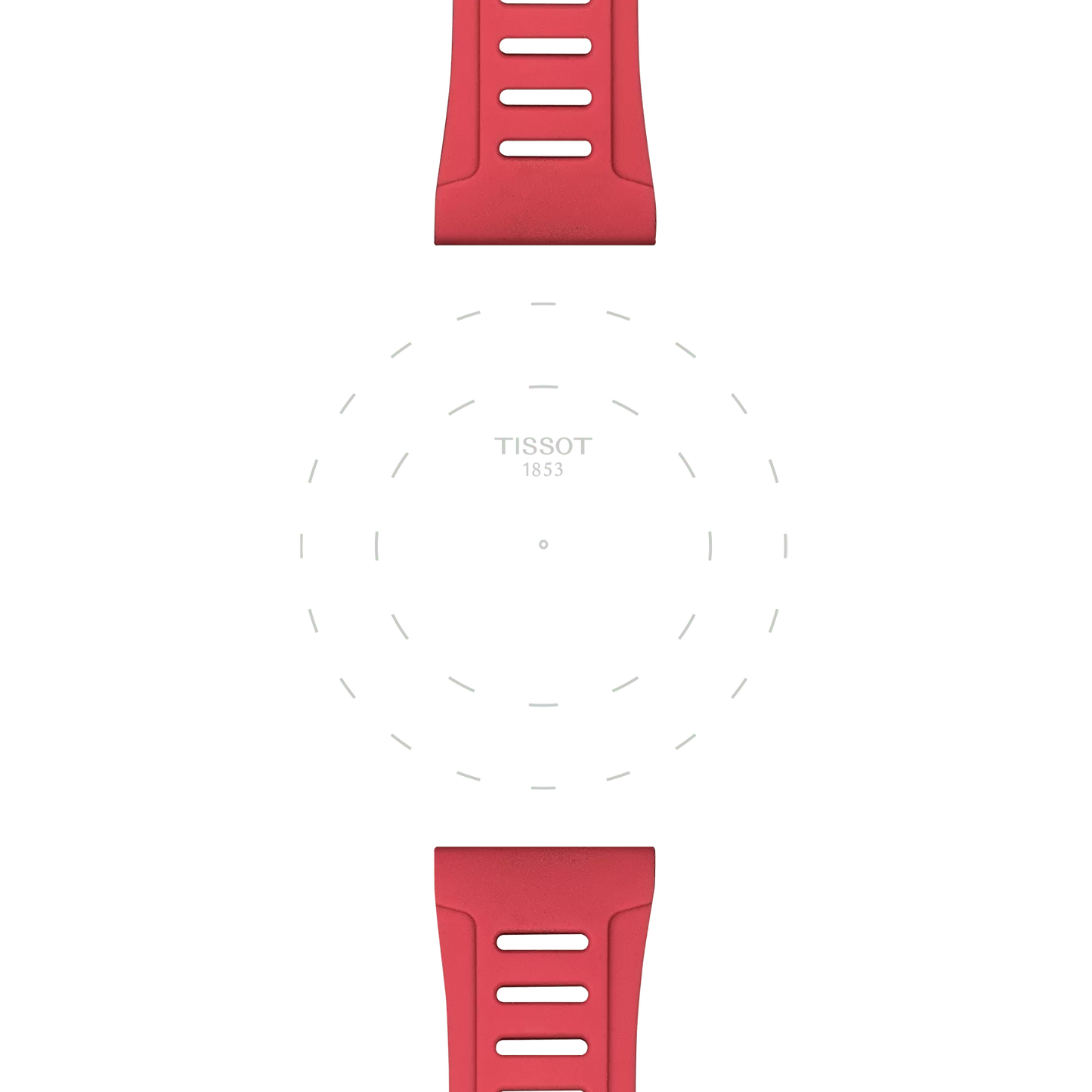 A Tissot Official Red Silicone Strap (Lugs 21 mm XS) is displayed at the top and bottom of the image, framing a blank circular watch face featuring dotted lines and the "TISSOT 1853" text in the center.