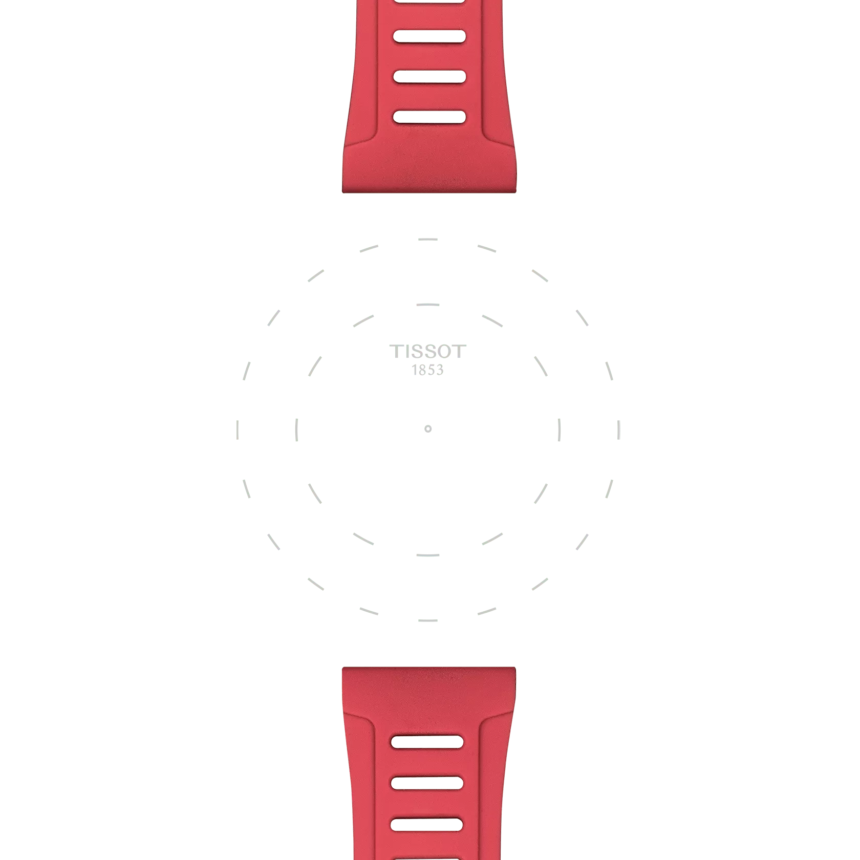 A Tissot Official Red Silicone Strap (Lugs 21 mm XS) is displayed at the top and bottom of the image, framing a blank circular watch face featuring dotted lines and the "TISSOT 1853" text in the center.