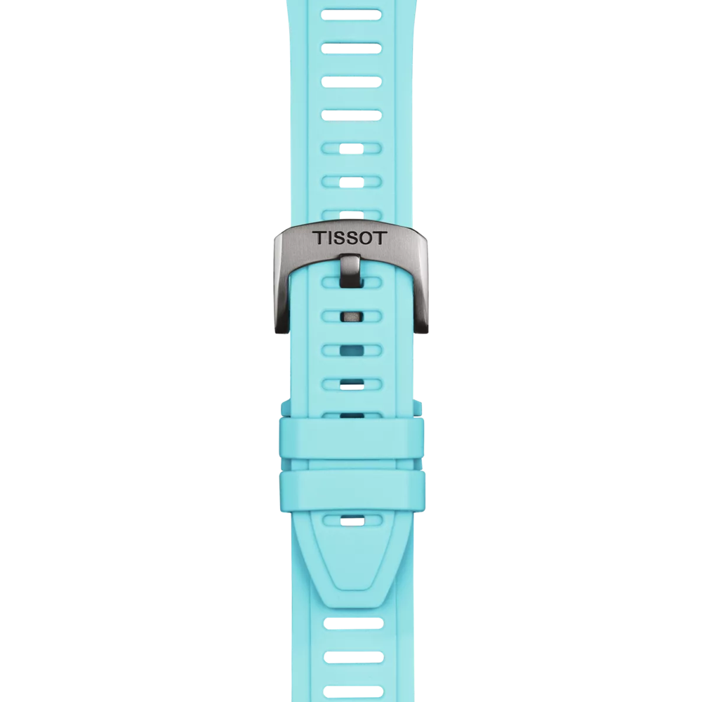 A close-up of the Tissot Official Ice Blue Silicone Strap, featuring a 21 mm lug width in size XS and a silver buckle engraved with "TISSOT," displayed against a white background.