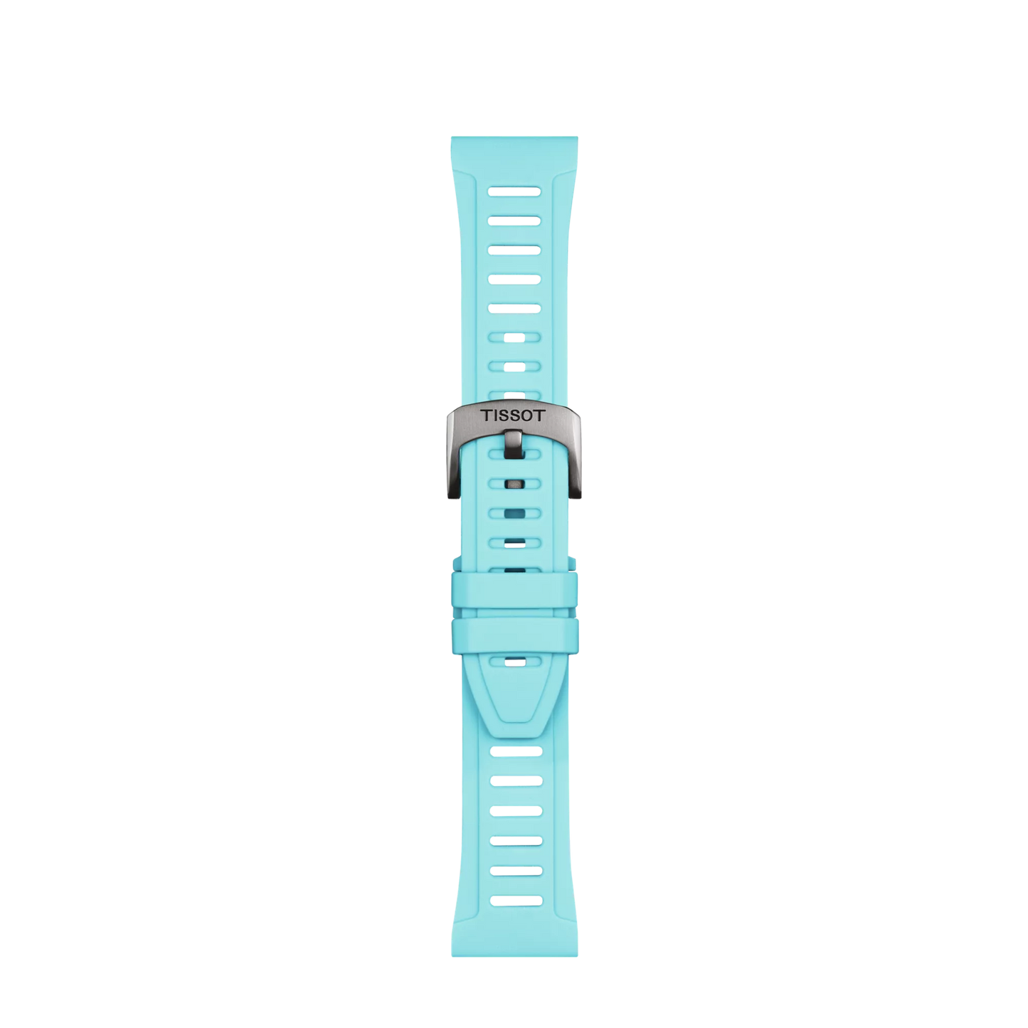 The Tissot Official Ice Blue Silicone Strap Lugs 21 mm XS features a light blue silicone design with multiple adjustment holes and is secured with a silver buckle engraved with the Tissot brand name, displayed against a plain white background.