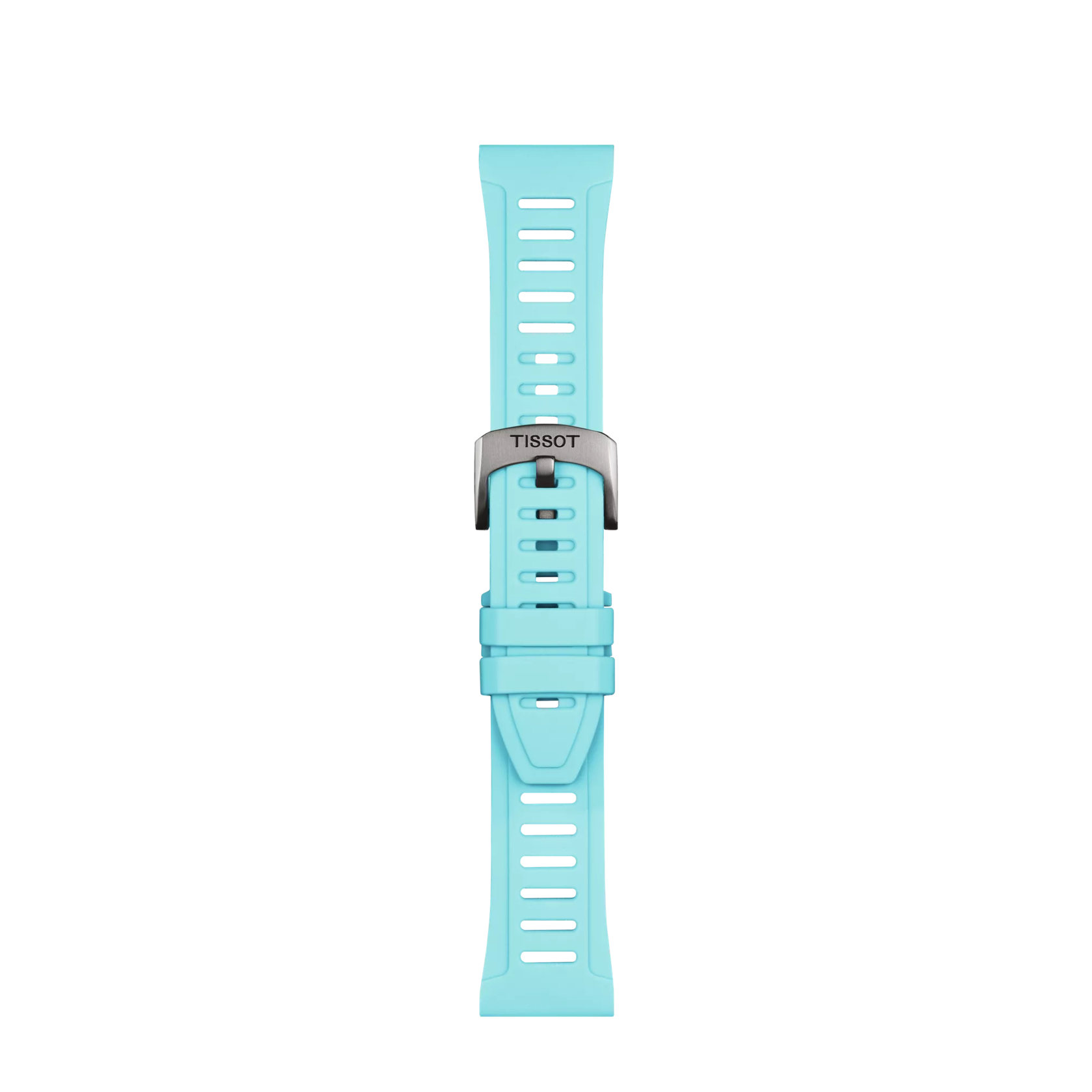 The Tissot Official Ice Blue Silicone Strap Lugs 21 mm XS features a light blue silicone design with multiple adjustment holes and is secured with a silver buckle engraved with the Tissot brand name, displayed against a plain white background.