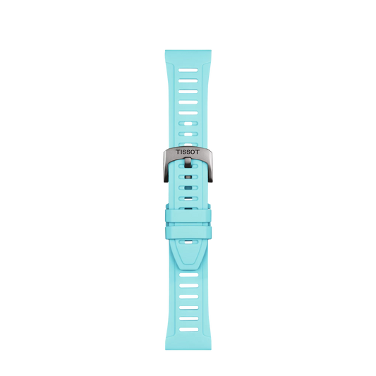 The Tissot Official Ice Blue Silicone Strap Lugs 21 mm XS features a light blue silicone design with multiple adjustment holes and is secured with a silver buckle engraved with the Tissot brand name, displayed against a plain white background.