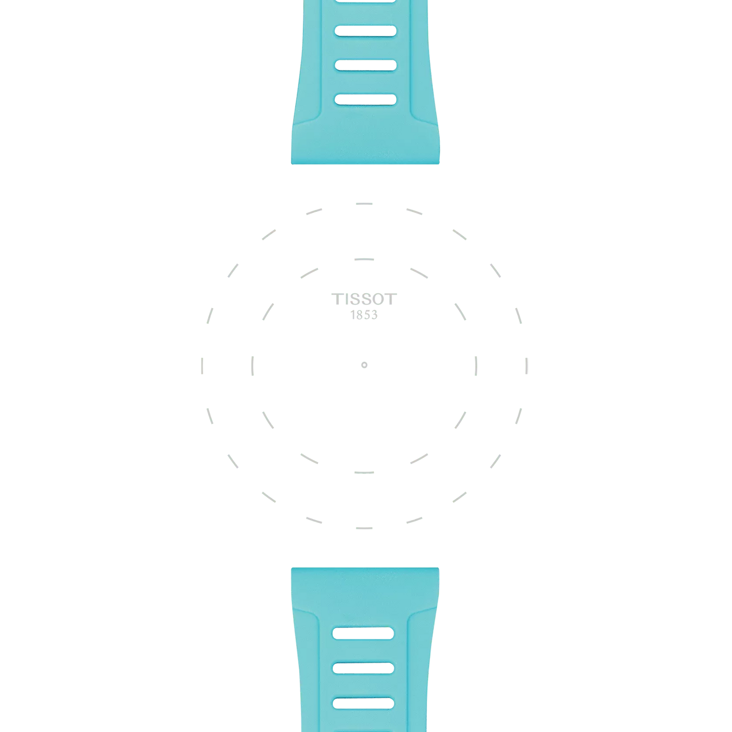 Two Tissot Official Ice Blue Silicone Strap Lugs (21 mm, XS)—one positioned at the top and one at the bottom—frame a blank white watch face featuring the “TISSOT 1853” text and dotted circles marking possible positions for watch components.