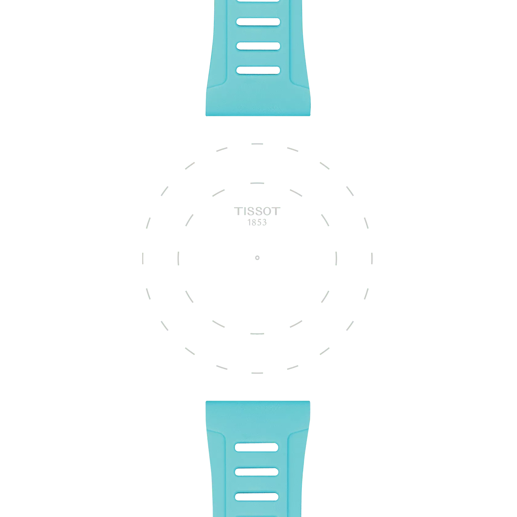 Two Tissot Official Ice Blue Silicone Strap Lugs (21 mm, XS)—one positioned at the top and one at the bottom—frame a blank white watch face featuring the “TISSOT 1853” text and dotted circles marking possible positions for watch components.
