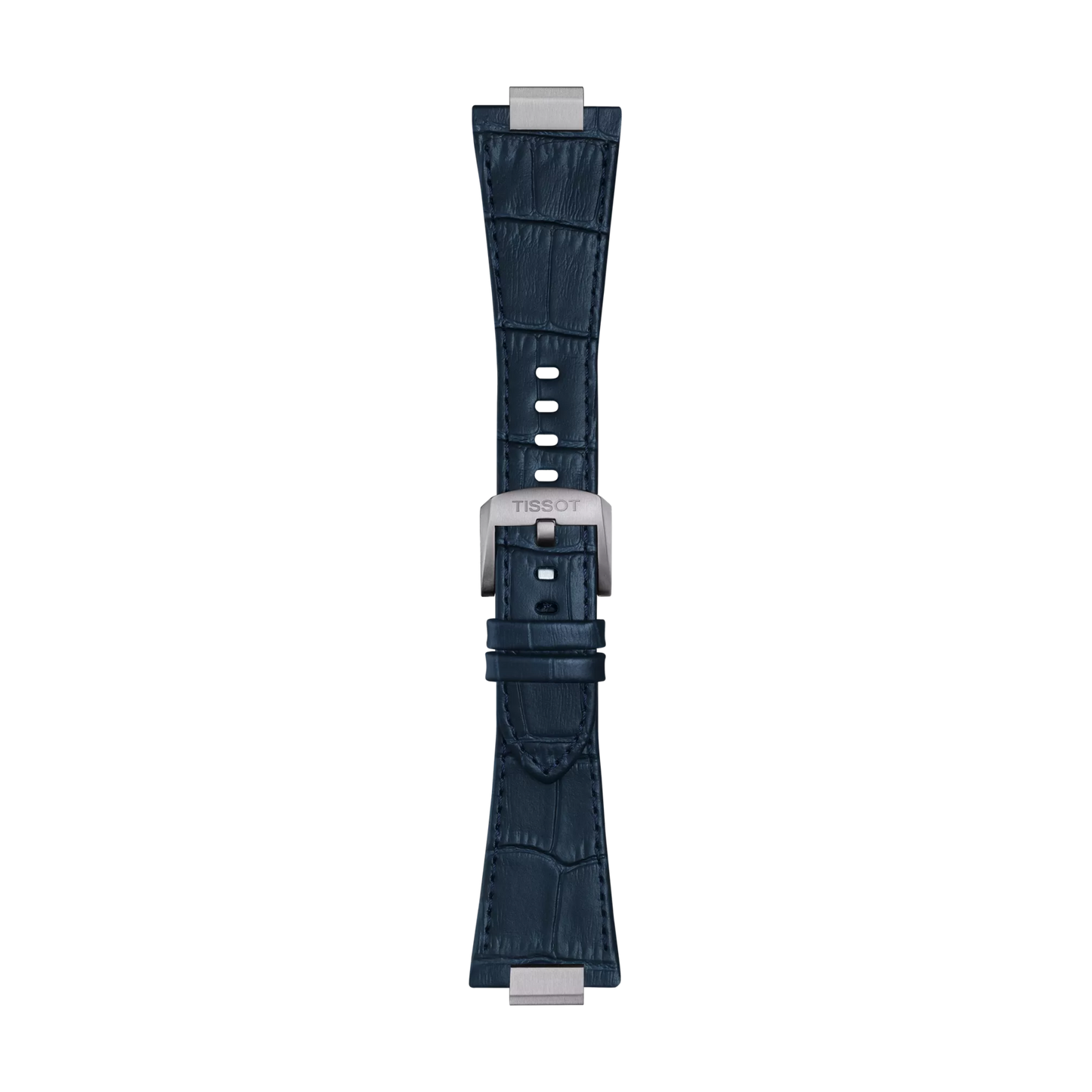 Introducing the Tissot Official Blue PRX 42mm leather strap—a dark blue, crocodile-patterned leather watch strap from Tissot, featuring a silver clasp engraved with "TISSOT" and multiple adjustment holes, showcased on a plain white background.
