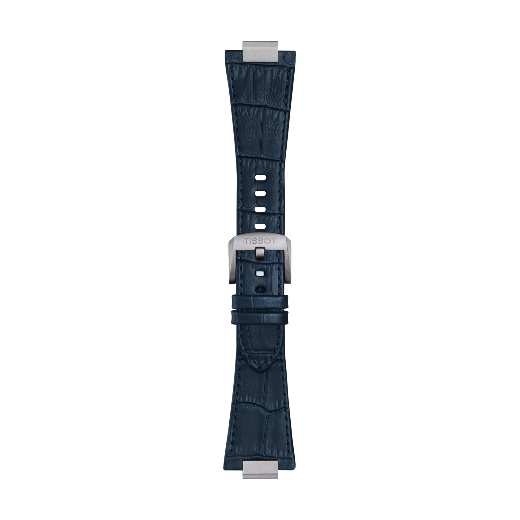Introducing the Tissot Official Blue PRX 42mm leather strap—a dark blue, crocodile-patterned leather watch strap from Tissot, featuring a silver clasp engraved with "TISSOT" and multiple adjustment holes, showcased on a plain white background.