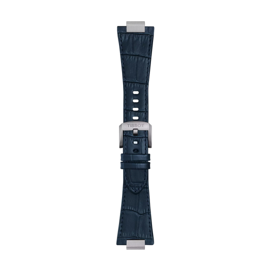 Introducing the Tissot Official Blue PRX 42mm leather strap—a dark blue, crocodile-patterned leather watch strap from Tissot, featuring a silver clasp engraved with "TISSOT" and multiple adjustment holes, showcased on a plain white background.