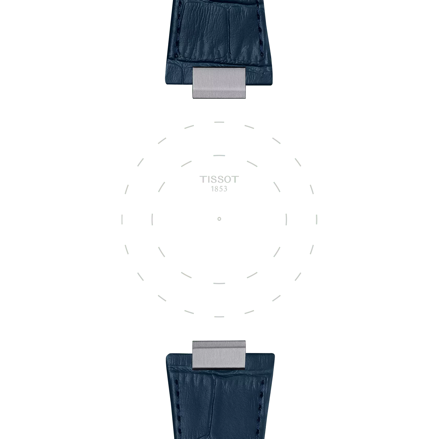 Two Tissot Official Blue PRX 42mm leather straps with silver clasps are displayed opposite each other, set against a white background featuring a dotted circle and the "TISSOT 1853" text in the center.