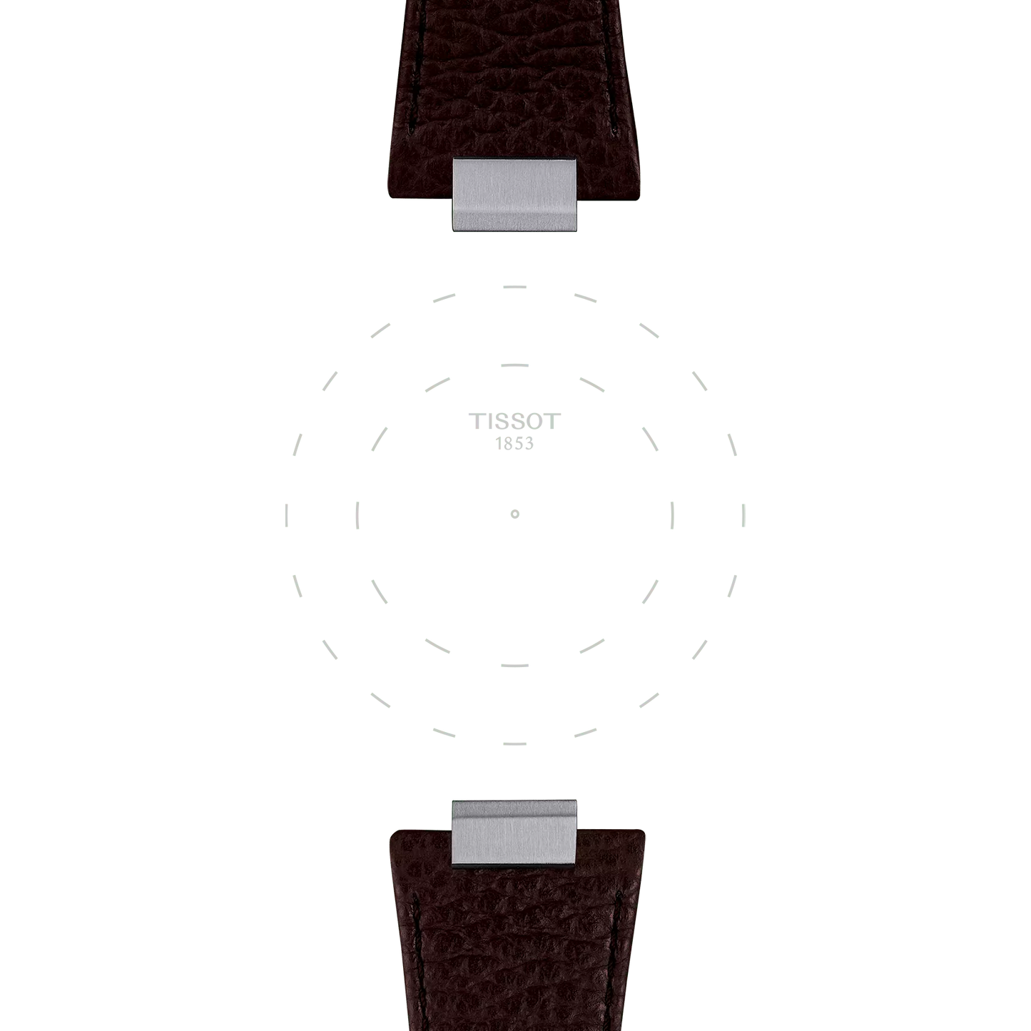 A Tissot Official Brown PRX 42mm watch featuring a minimalist face with only the "TISSOT 1853" branding at the center and attached to brown textured leather straps, set against a light gray background.