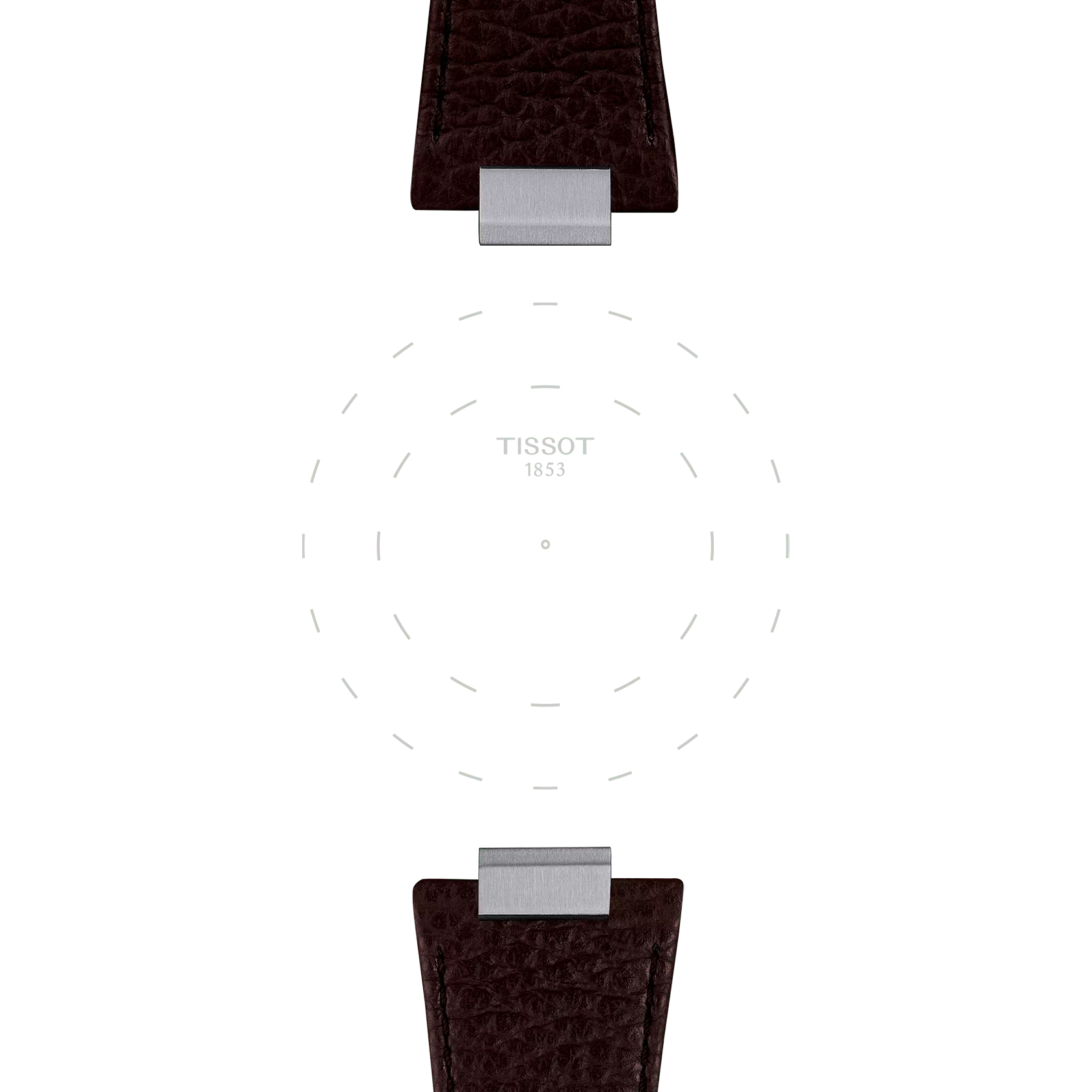 A Tissot Official Brown PRX 42mm watch featuring a minimalist face with only the "TISSOT 1853" branding at the center and attached to brown textured leather straps, set against a light gray background.