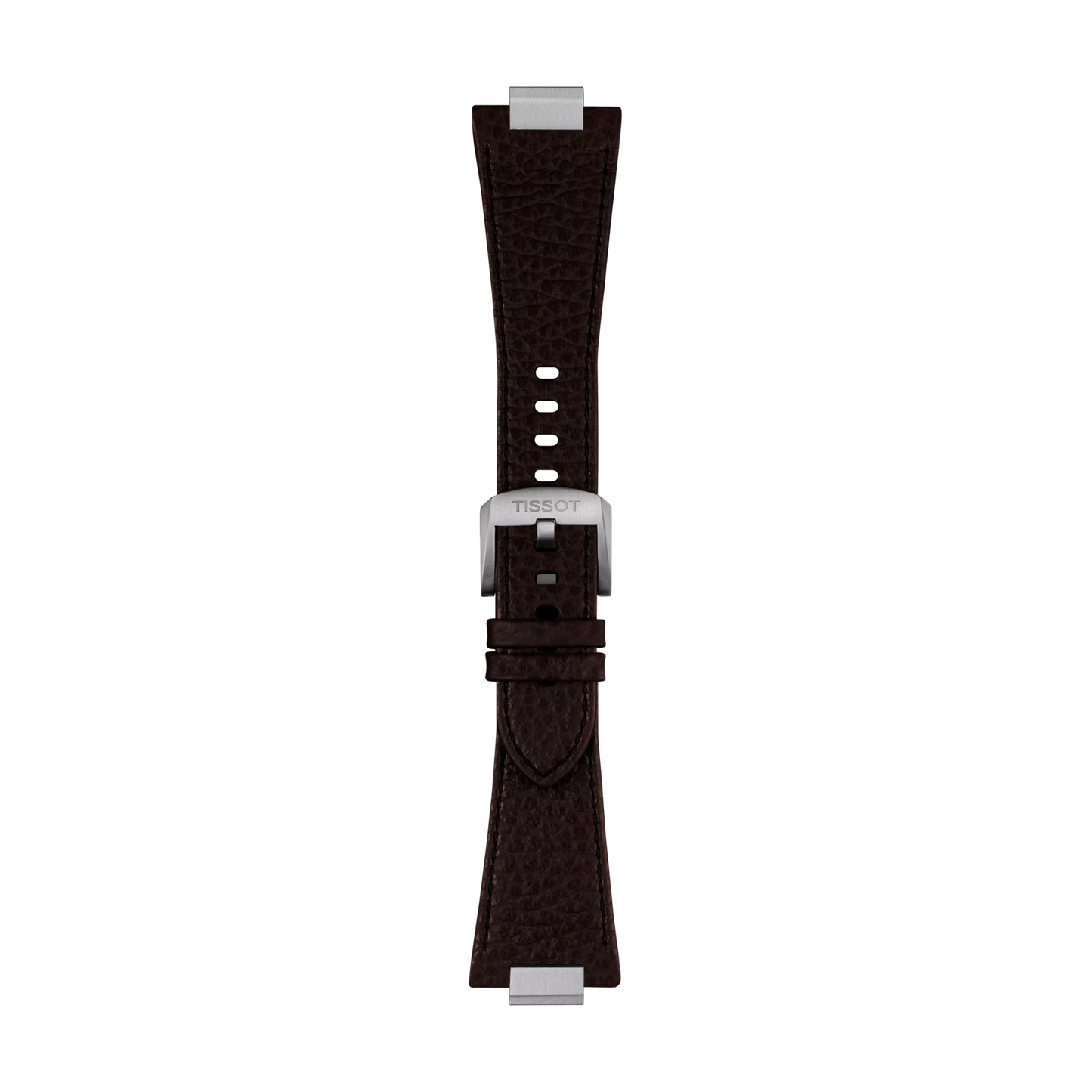 A Tissot Official Brown PRX 42mm leather strap displayed vertically on a white background, crafted from dark brown leather and featuring a silver buckle engraved with "TISSOT." The strap includes multiple adjustment holes and two loops to secure the end.