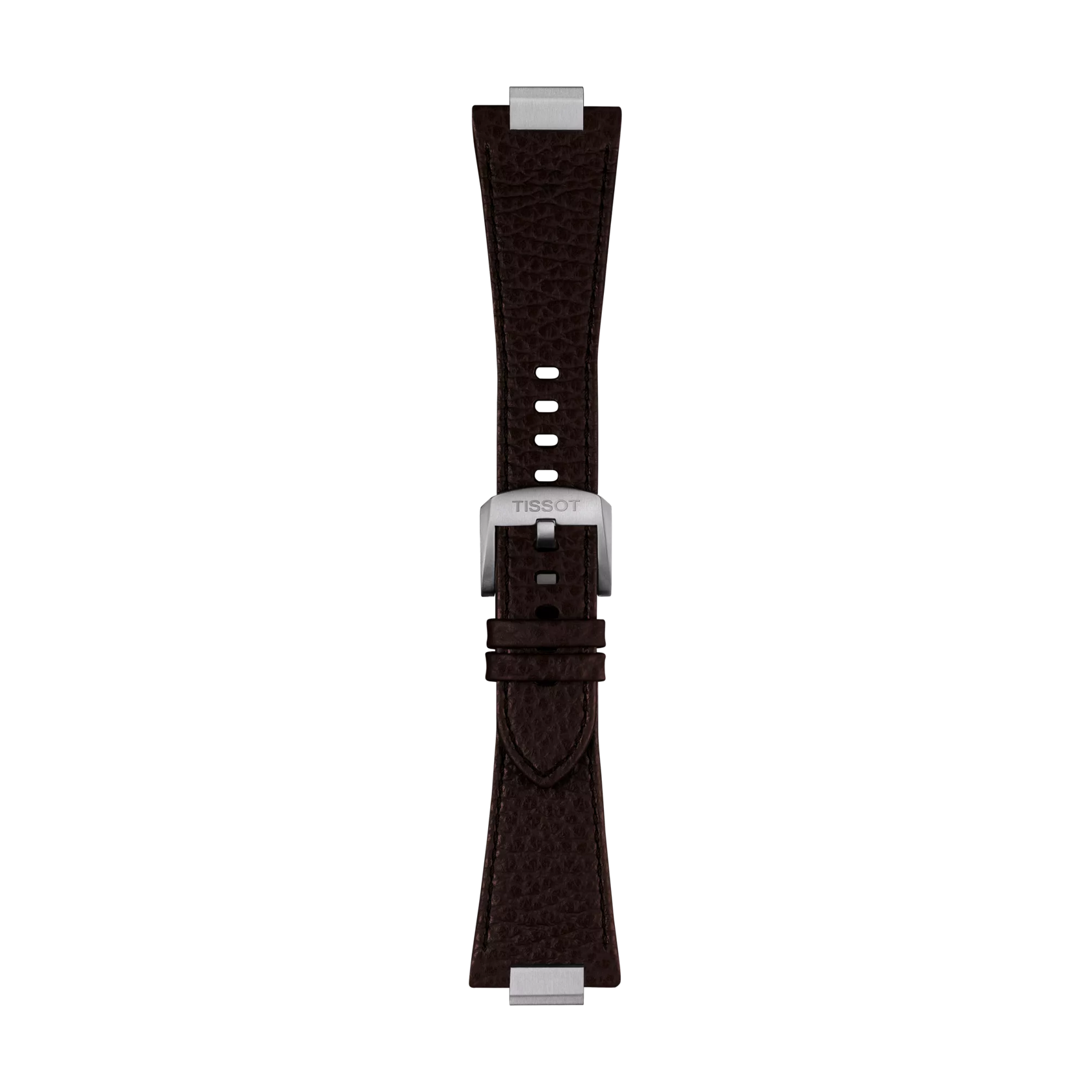 A Tissot Official Brown PRX 42mm leather strap displayed vertically on a white background, crafted from dark brown leather and featuring a silver buckle engraved with "TISSOT." The strap includes multiple adjustment holes and two loops to secure the end.