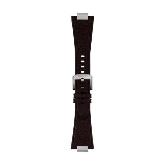 A Tissot Official Brown PRX 42mm leather strap displayed vertically on a white background, crafted from dark brown leather and featuring a silver buckle engraved with "TISSOT." The strap includes multiple adjustment holes and two loops to secure the end.
