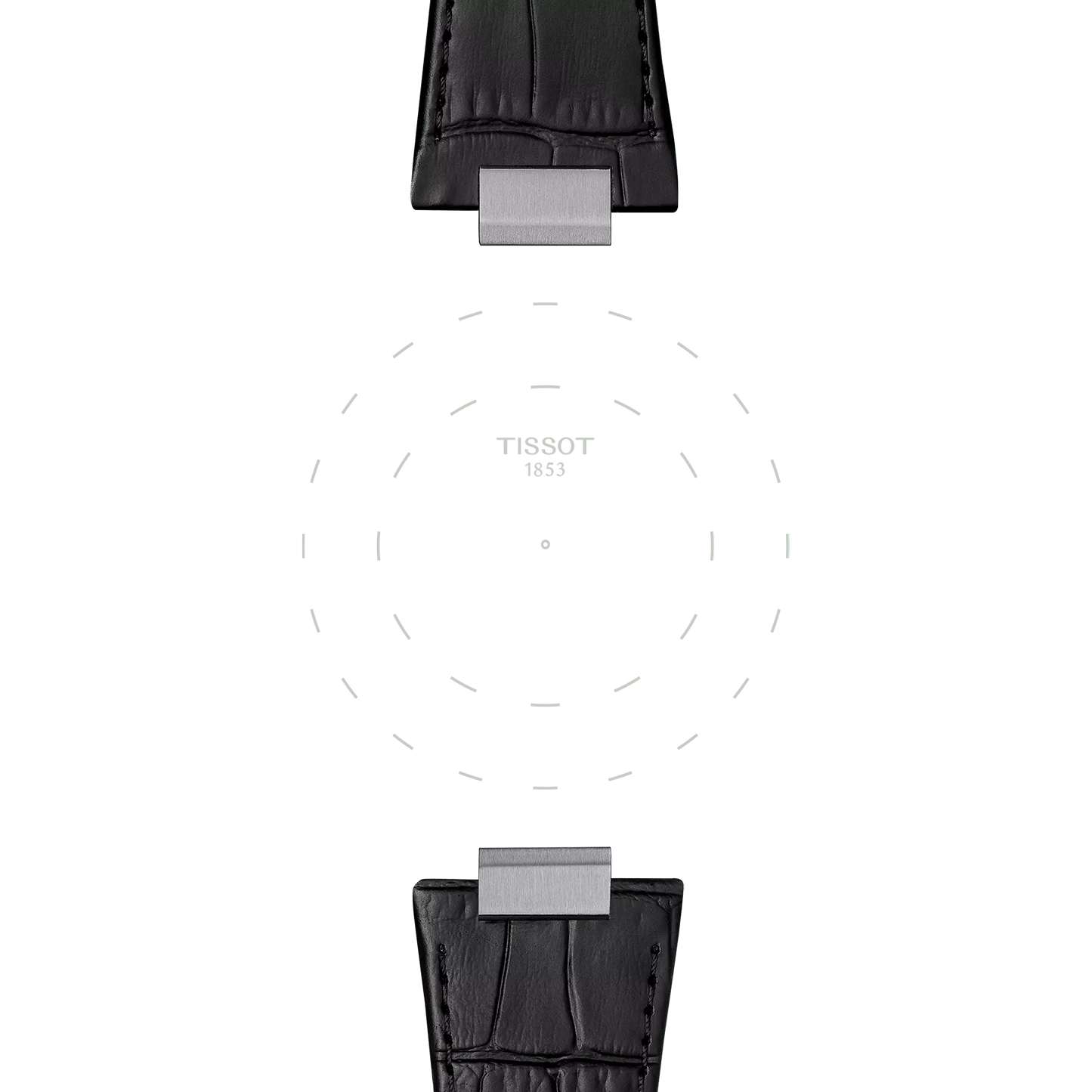 Two Tissot Official Black PRX 42mm leather straps with silver clasps are placed above and below a faint dotted circle featuring the "TISSOT 1853" text at its center, all set against a white background.
