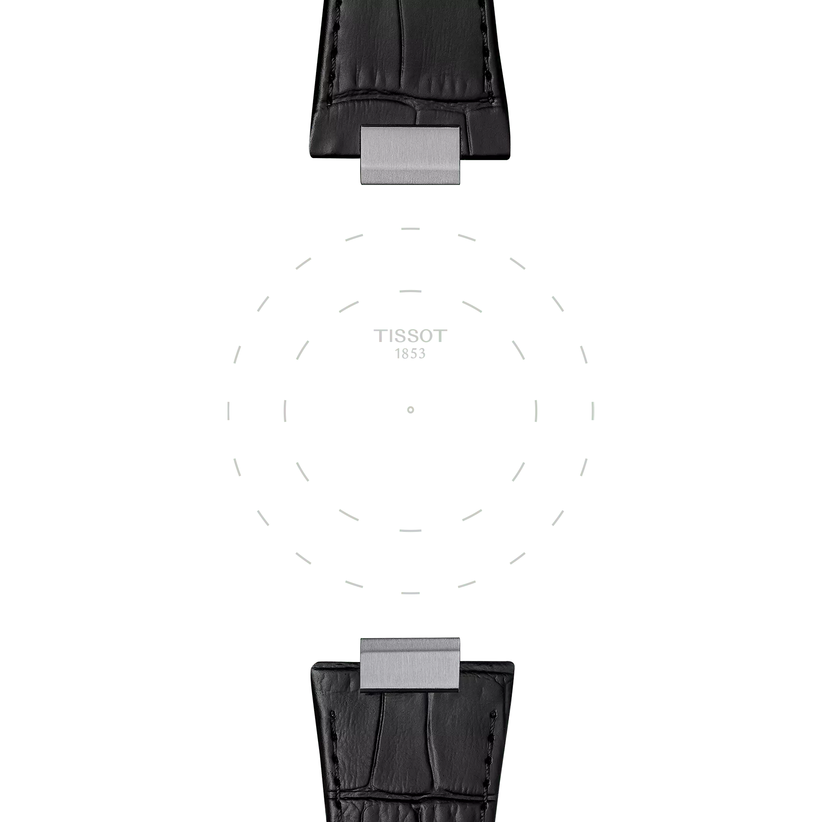 Two Tissot Official Black PRX 42mm leather straps with silver clasps are placed above and below a faint dotted circle featuring the "TISSOT 1853" text at its center, all set against a white background.