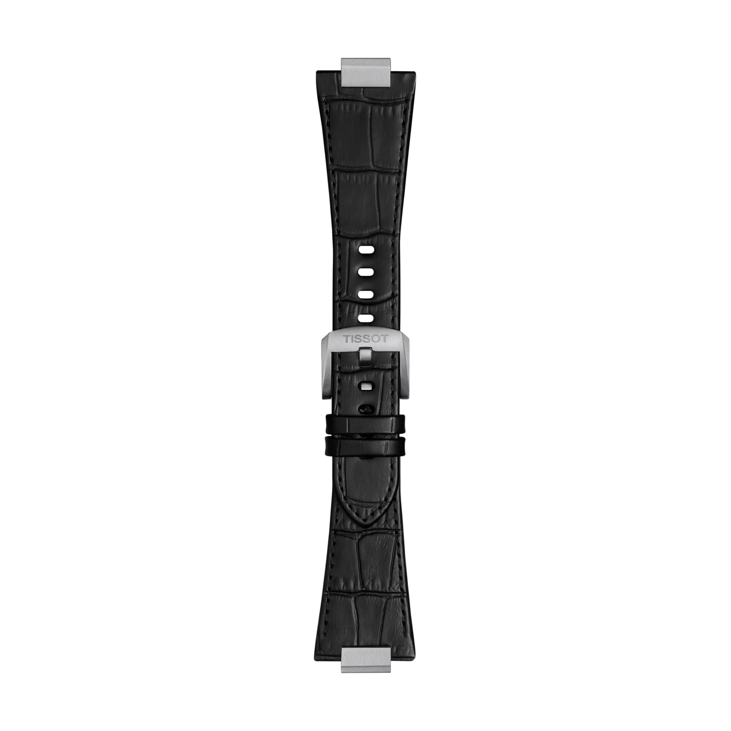 The Tissot Official Black PRX 42mm leather strap features a crocodile pattern and a metal clasp engraved with "TISSOT," shown vertically against a plain white background.