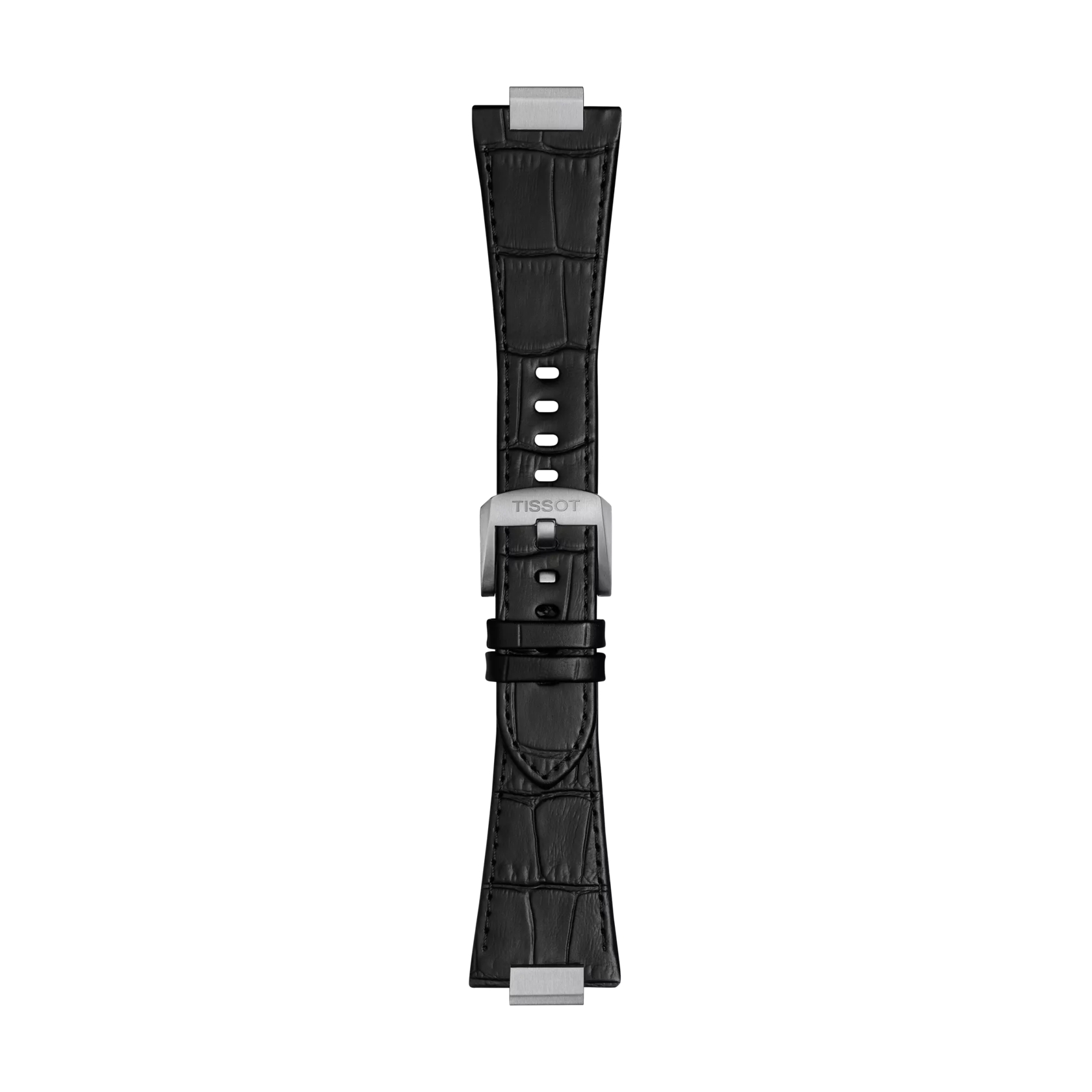 The Tissot Official Black PRX 42mm leather strap features a crocodile pattern and a metal clasp engraved with "TISSOT," shown vertically against a plain white background.