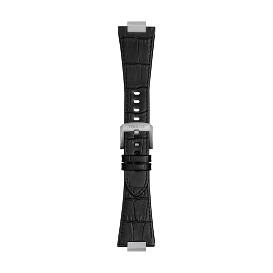The Tissot Official Black PRX 42mm leather strap features a crocodile pattern and a metal clasp engraved with "TISSOT," shown vertically against a plain white background.