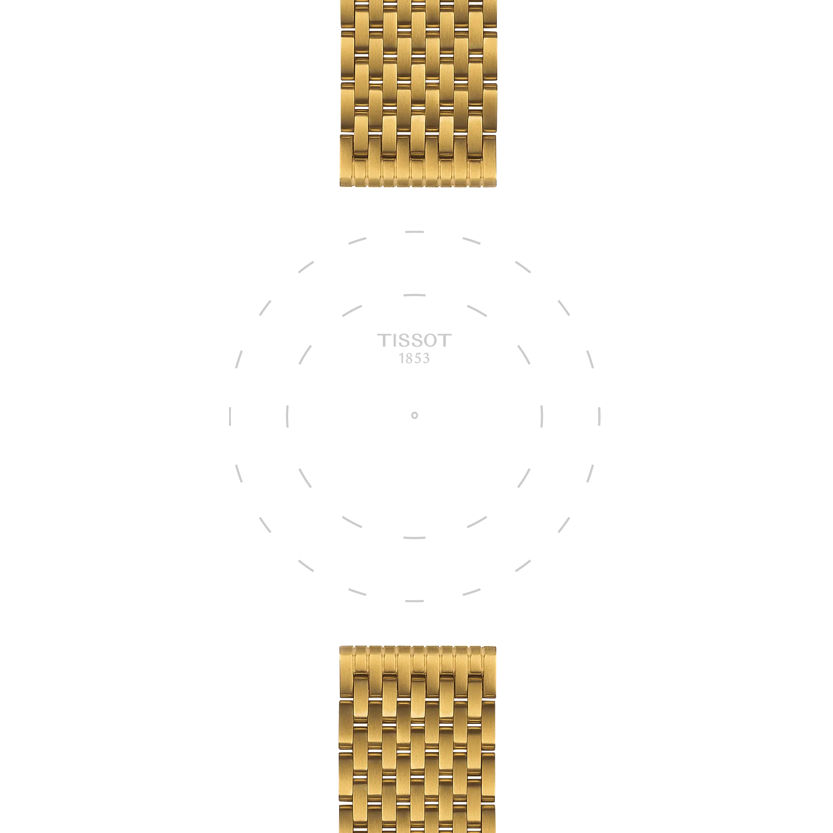 A partial view of the Tissot Official Stainless Steel PVD Yellow Bracelet (20mm lugs) appears at the top and bottom, with a faint dotted outline of a watch face and "TISSOT 1853" text centered on a white background.
