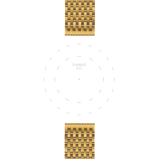 A partial view of the Tissot Official Stainless Steel PVD Yellow Bracelet (20mm lugs) appears at the top and bottom, with a faint dotted outline of a watch face and "TISSOT 1853" text centered on a white background.
