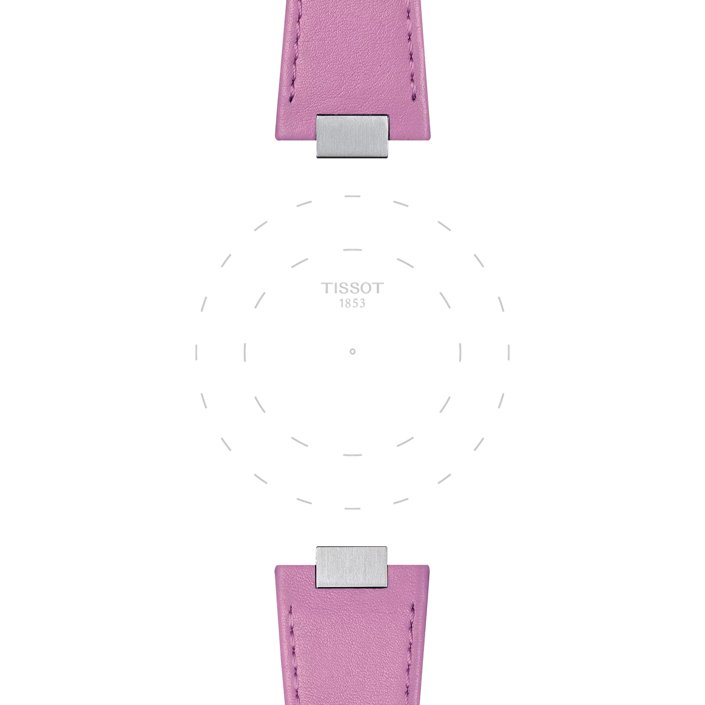 The Tissot Official Pink PRX 35mm Leather Strap features a pink band with metal clasps at both ends, framing a central section adorned with the "TISSOT 1853" logo and dotted circular accents reminiscent of a watch face outline.