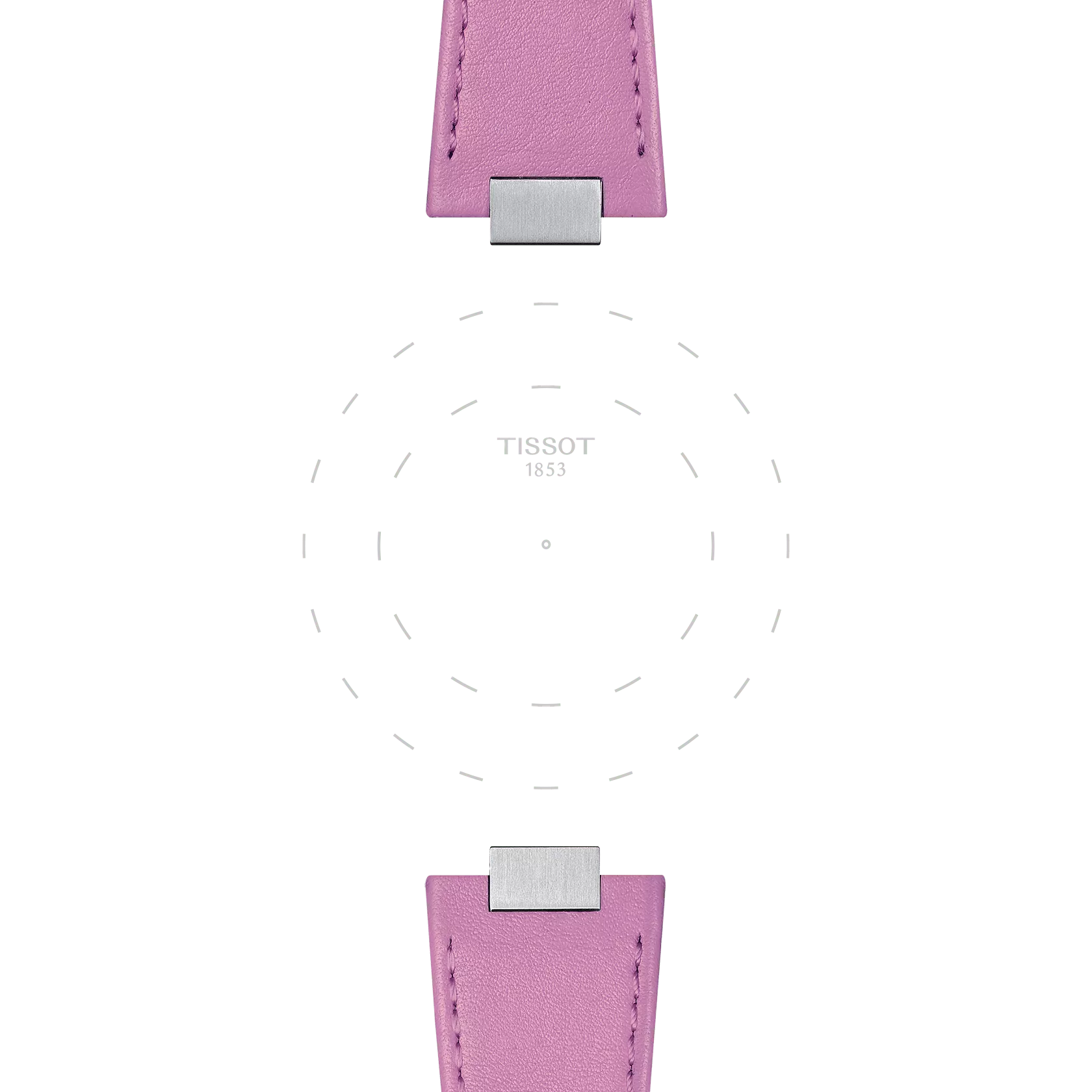 The Tissot Official Pink PRX 35mm Leather Strap features a pink band with metal clasps at both ends, framing a central section adorned with the "TISSOT 1853" logo and dotted circular accents reminiscent of a watch face outline.