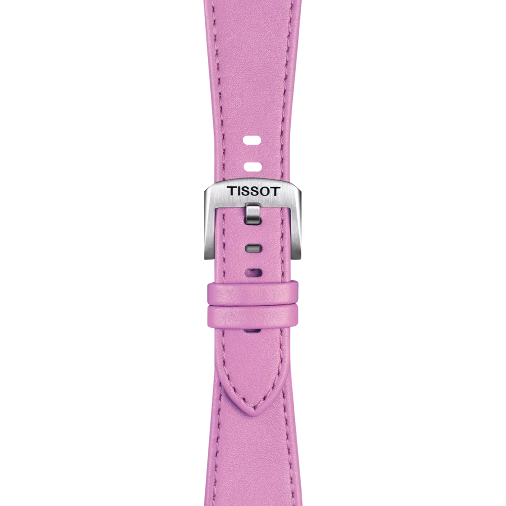 A close-up of the Tissot Official Pink PRX 35mm Leather Strap, featuring a pink leather band and a silver buckle engraved with the Tissot logo, set against a white background.