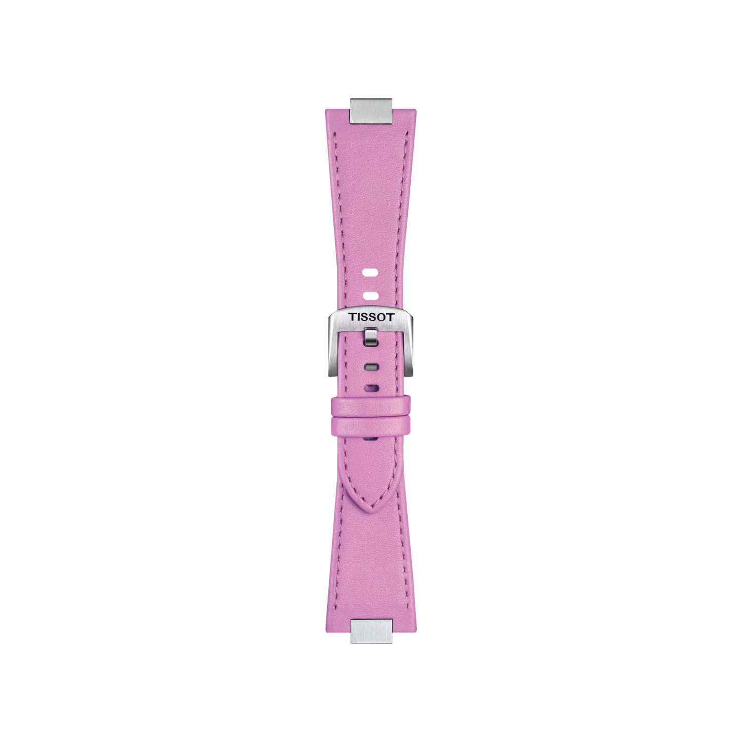 The Tissot Official Pink PRX 35mm Leather Strap features a pink leather band with silver connectors and a silver buckle engraved with the Tissot logo, shown against a white background.