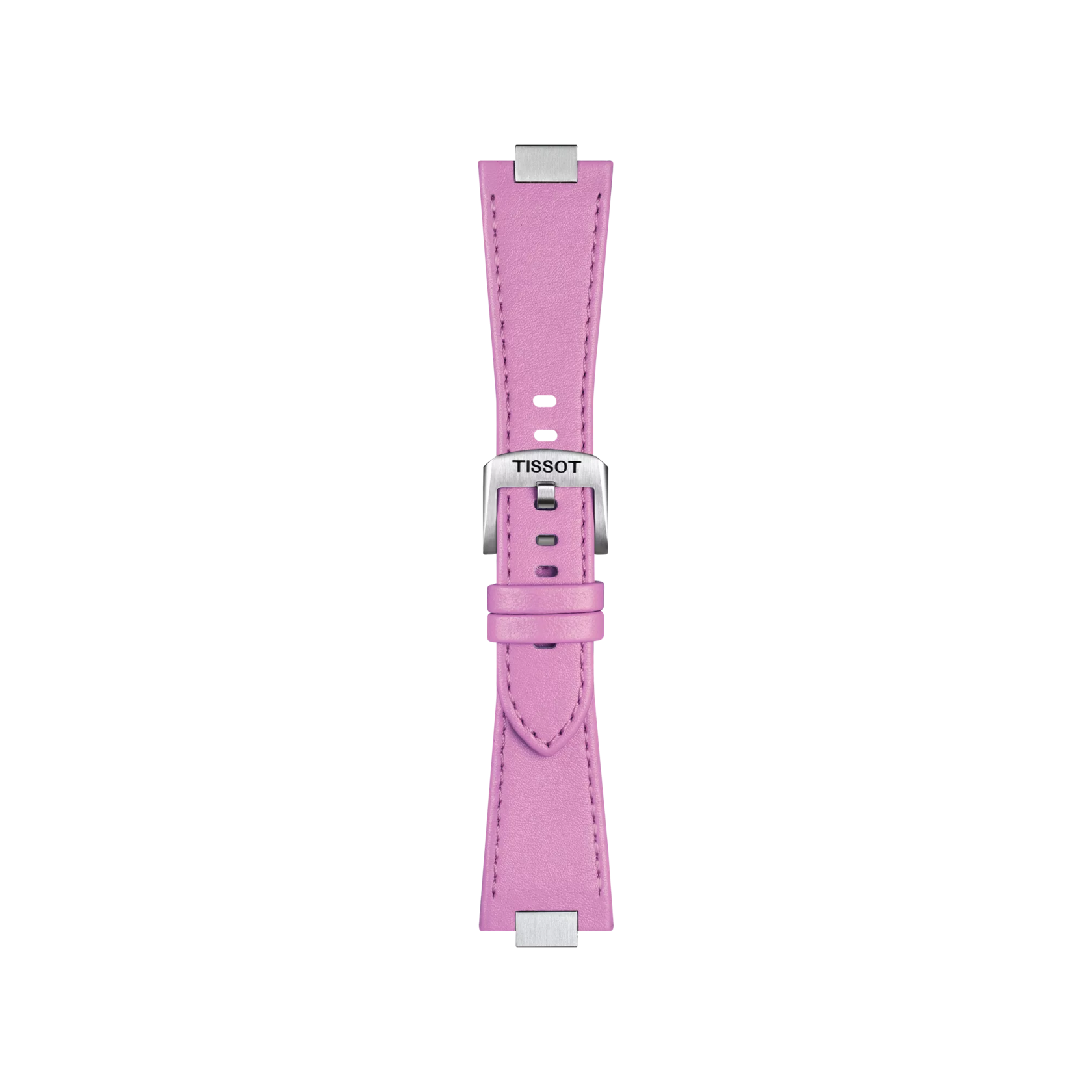 The Tissot Official Pink PRX 35mm Leather Strap features a pink leather band with silver connectors and a silver buckle engraved with the Tissot logo, shown against a white background.
