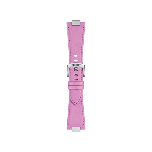 The Tissot Official Pink PRX 35mm Leather Strap features a pink leather band with silver connectors and a silver buckle engraved with the Tissot logo, shown against a white background.