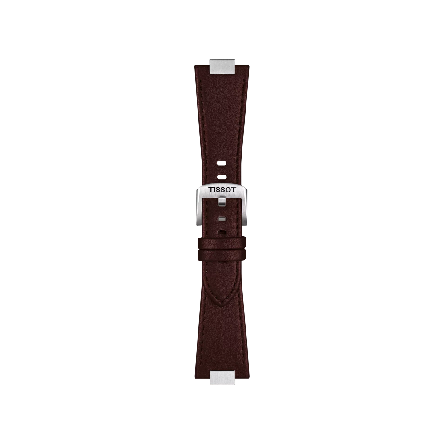 The Tissot Official Brown PRX 35mm Leather Strap features visible stitching, a stainless steel buckle, and two loops to secure the end. The strap is showcased against a plain white background.