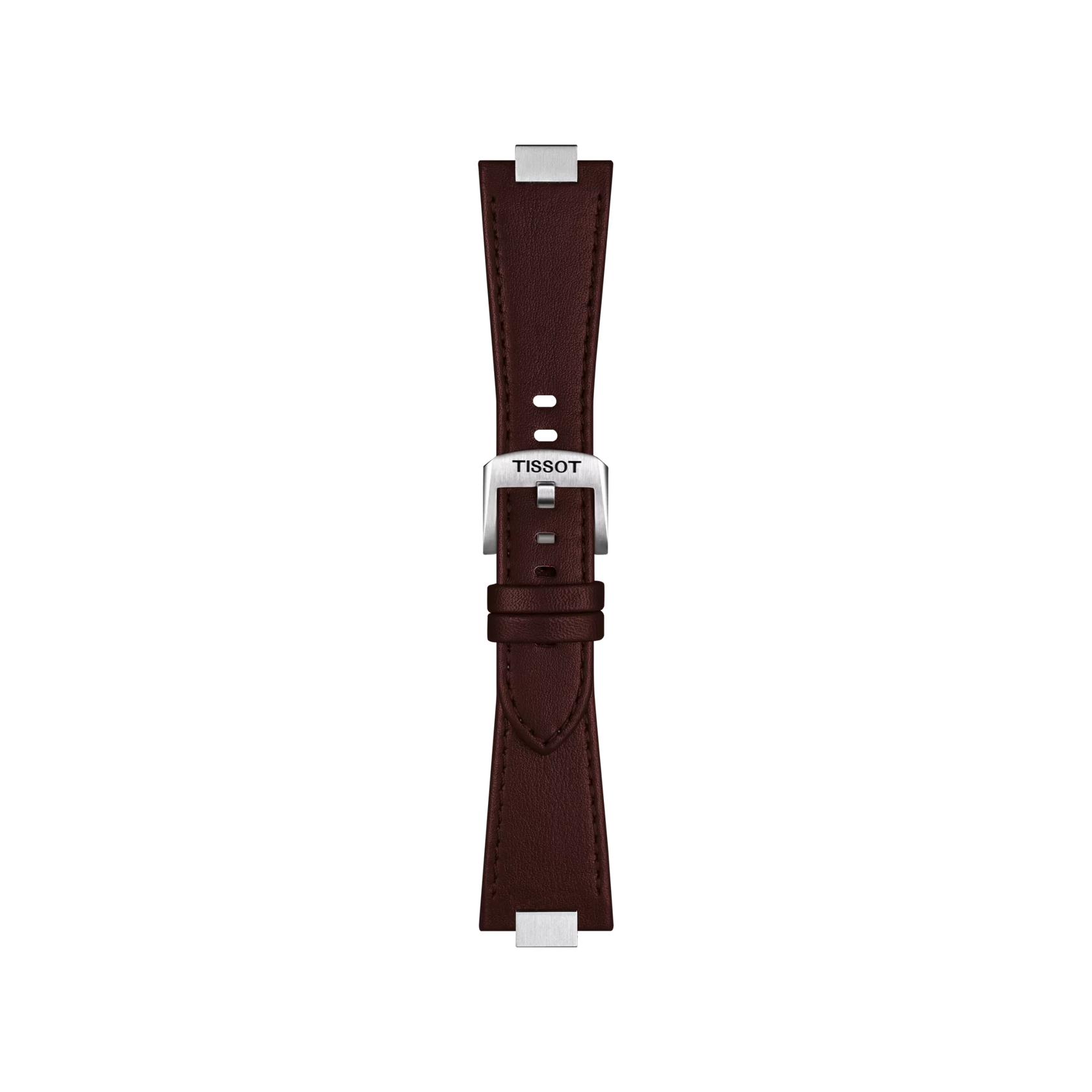 The Tissot Official Brown PRX 35mm Leather Strap features visible stitching, a stainless steel buckle, and two loops to secure the end. The strap is showcased against a plain white background.