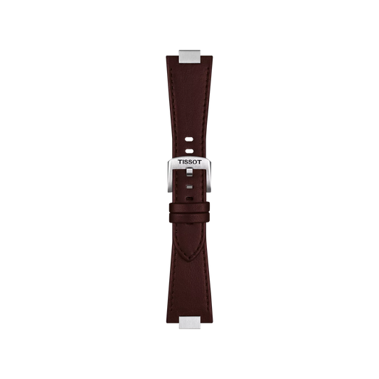 The Tissot Official Brown PRX 35mm Leather Strap features visible stitching, a stainless steel buckle, and two loops to secure the end. The strap is showcased against a plain white background.