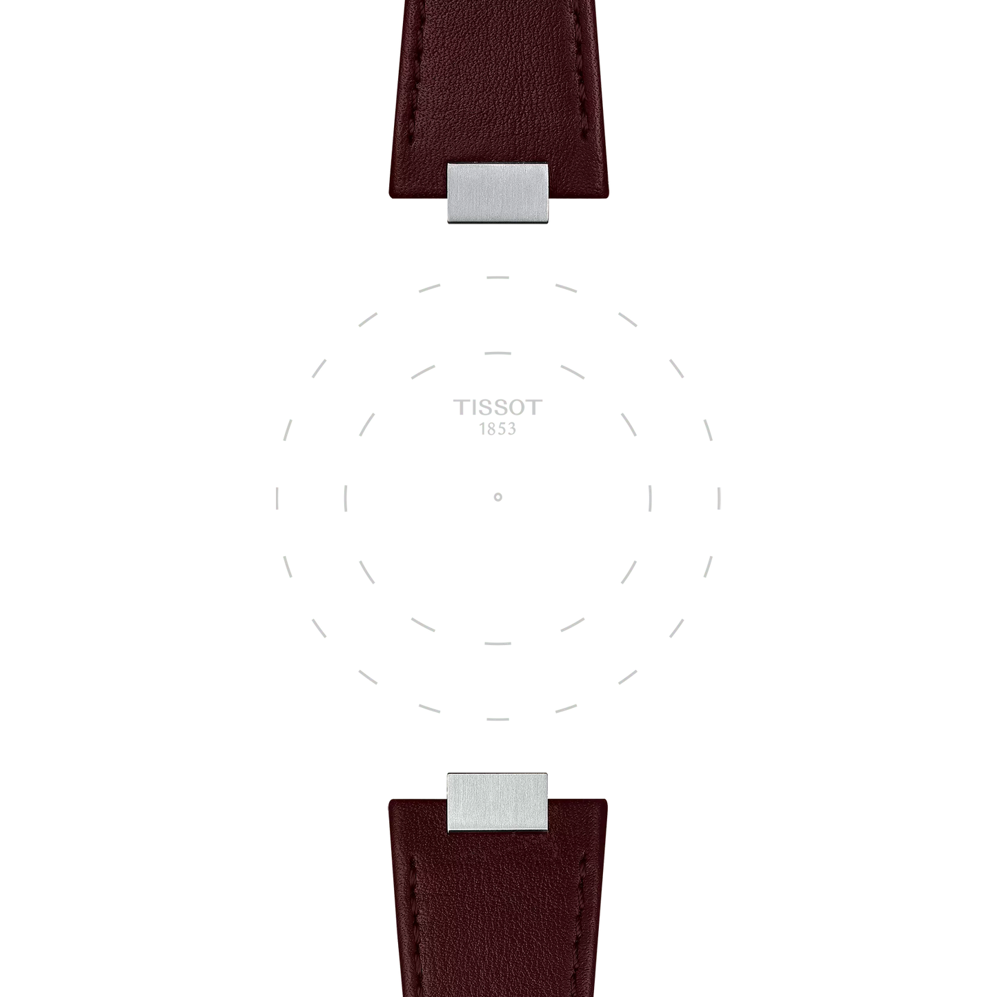 Two sections of the Tissot Official Brown PRX 35mm Leather Strap, featuring metal clasps, face each other and frame a dotted circle and the "Tissot 1853" text in the center on a plain white background.