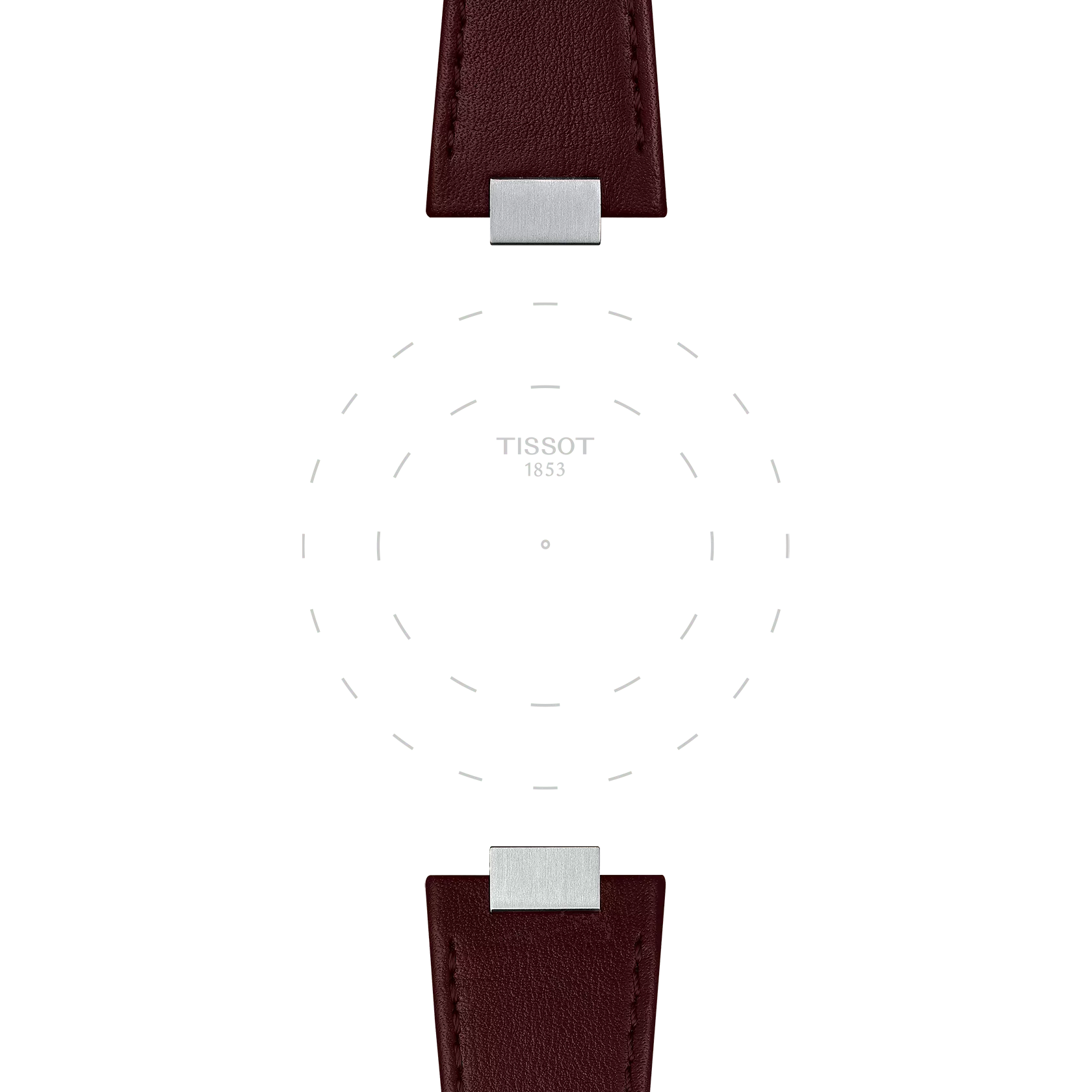 Two sections of the Tissot Official Brown PRX 35mm Leather Strap, featuring metal clasps, face each other and frame a dotted circle and the "Tissot 1853" text in the center on a plain white background.
