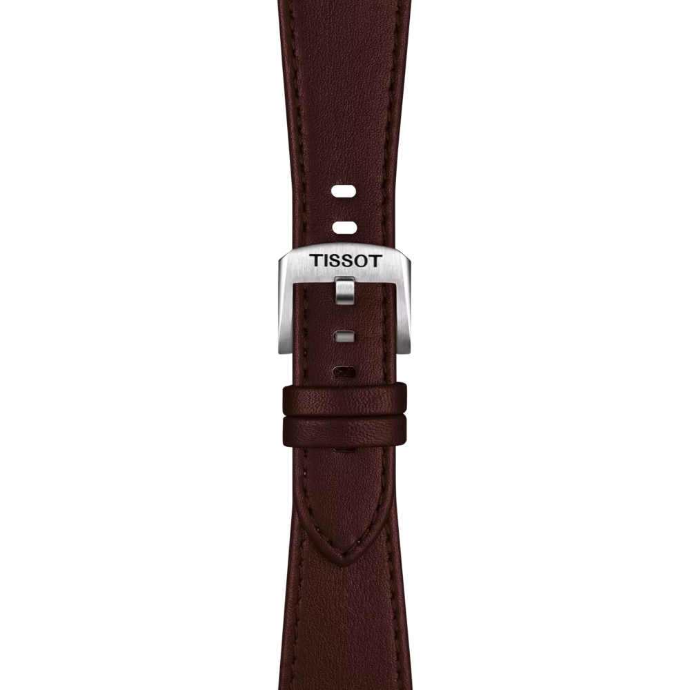 Close-up of the Tissot Official Brown PRX 35mm Leather Strap featuring a silver buckle engraved with "Tissot," set against a plain white background.