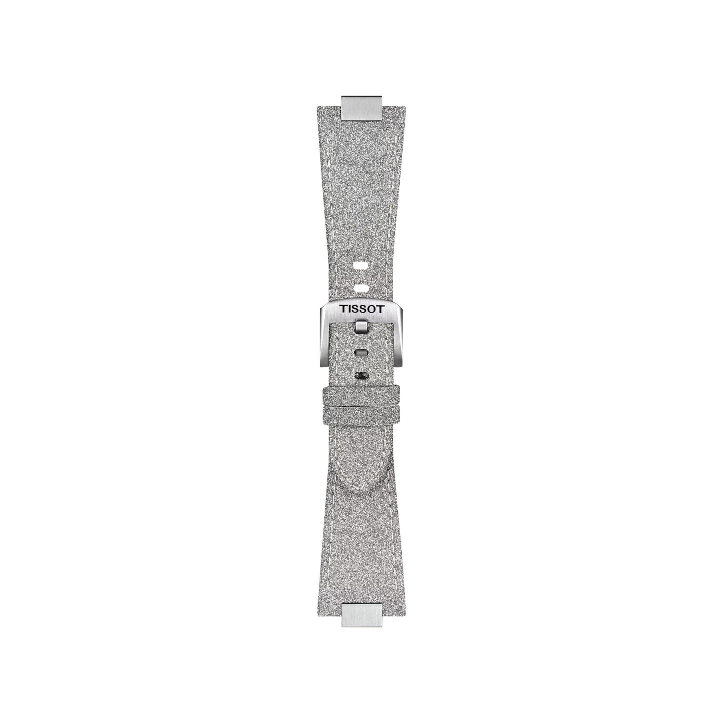 The Tissot Official Grey PRX 35mm Synthetic Strap by Tissot, featuring a stainless steel buckle, is displayed laid flat on a white background.