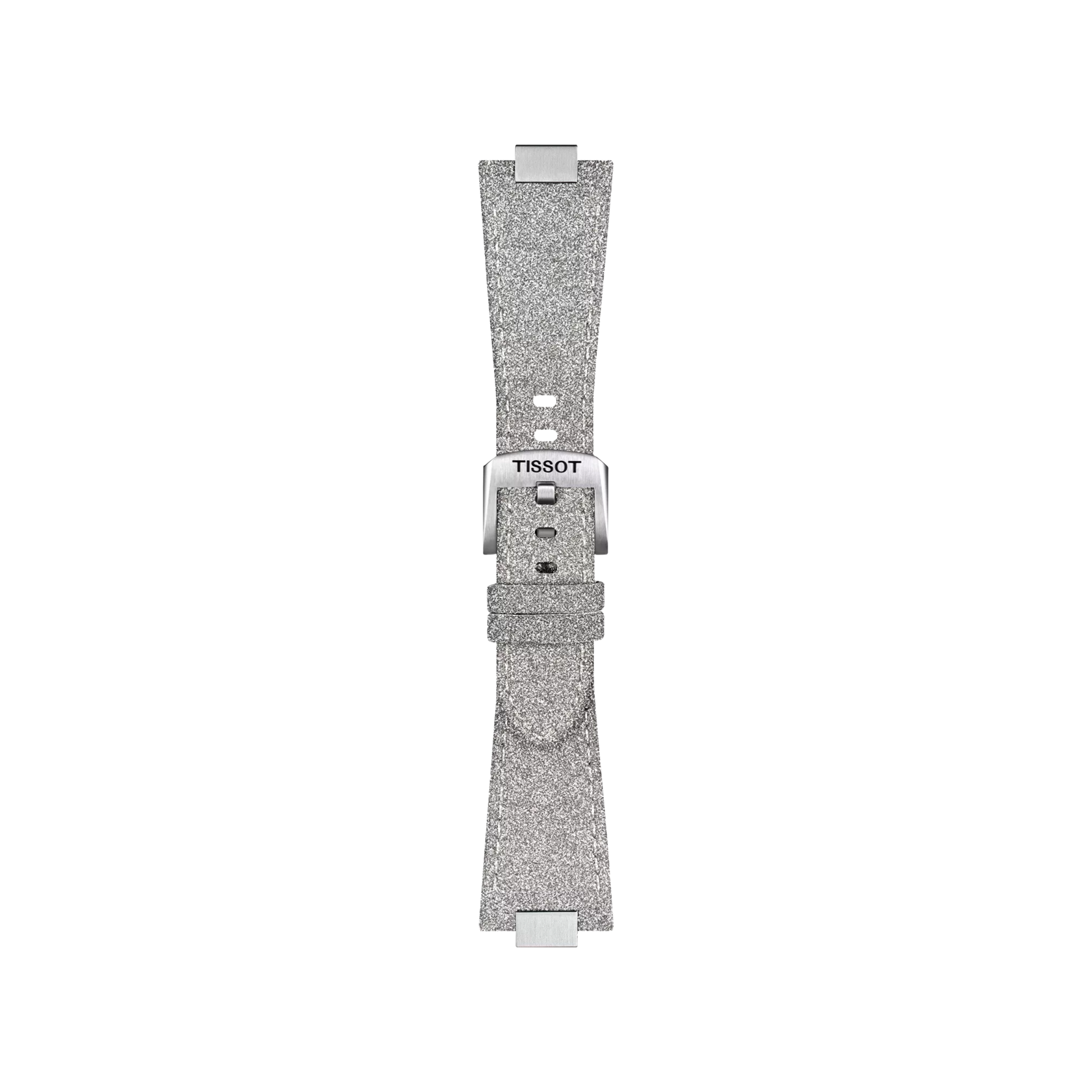The Tissot Official Grey PRX 35mm Synthetic Strap by Tissot, featuring a stainless steel buckle, is displayed laid flat on a white background.
