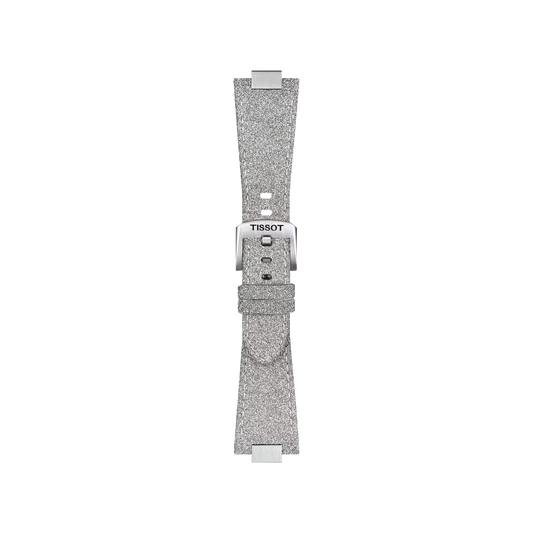 The Tissot Official Grey PRX 35mm Synthetic Strap by Tissot, featuring a stainless steel buckle, is displayed laid flat on a white background.