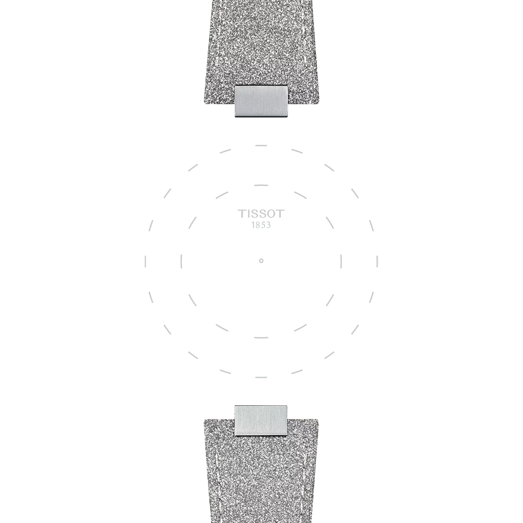 Two shimmering grey Tissot PRX 35mm synthetic straps are displayed on a white background, with no watch face shown. The faint "TISSOT 1853" brand name is centered, encircled by dashed lines.