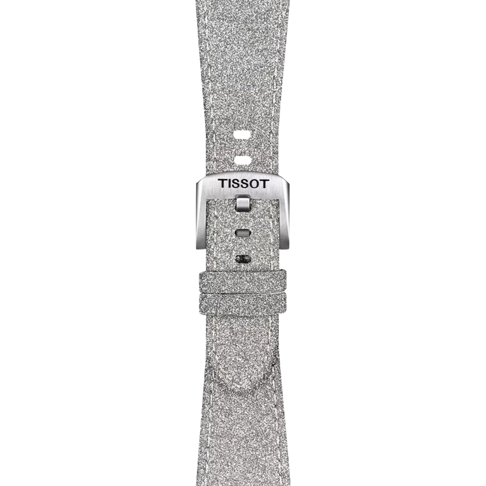 The Tissot Official Grey PRX 35mm Synthetic Strap by Tissot is displayed vertically against a plain white background, featuring a metallic buckle engraved with the Tissot brand name.