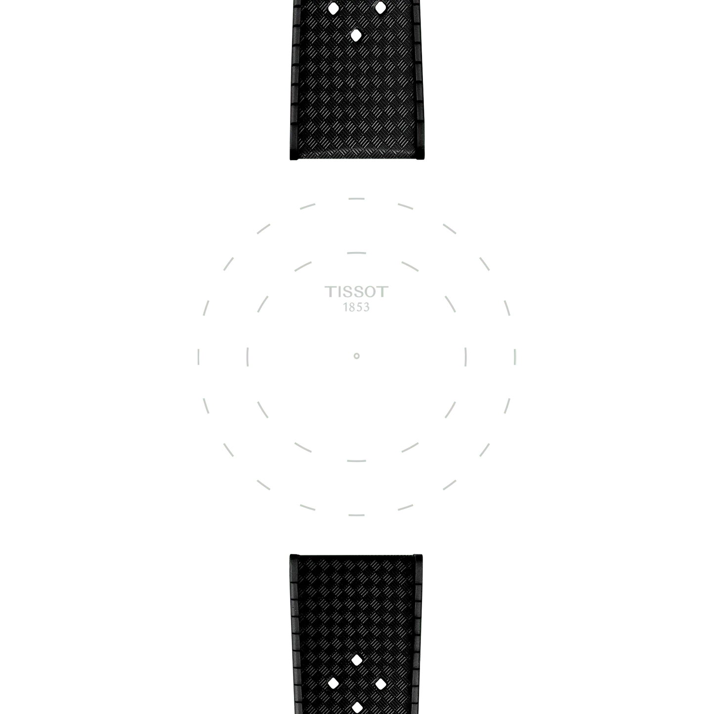 Two Tissot Official Black Rubber Strap Lugs 20mm are positioned above and below a white background featuring a subtle circular pattern and the "TISSOT 1853" logo in the center.
