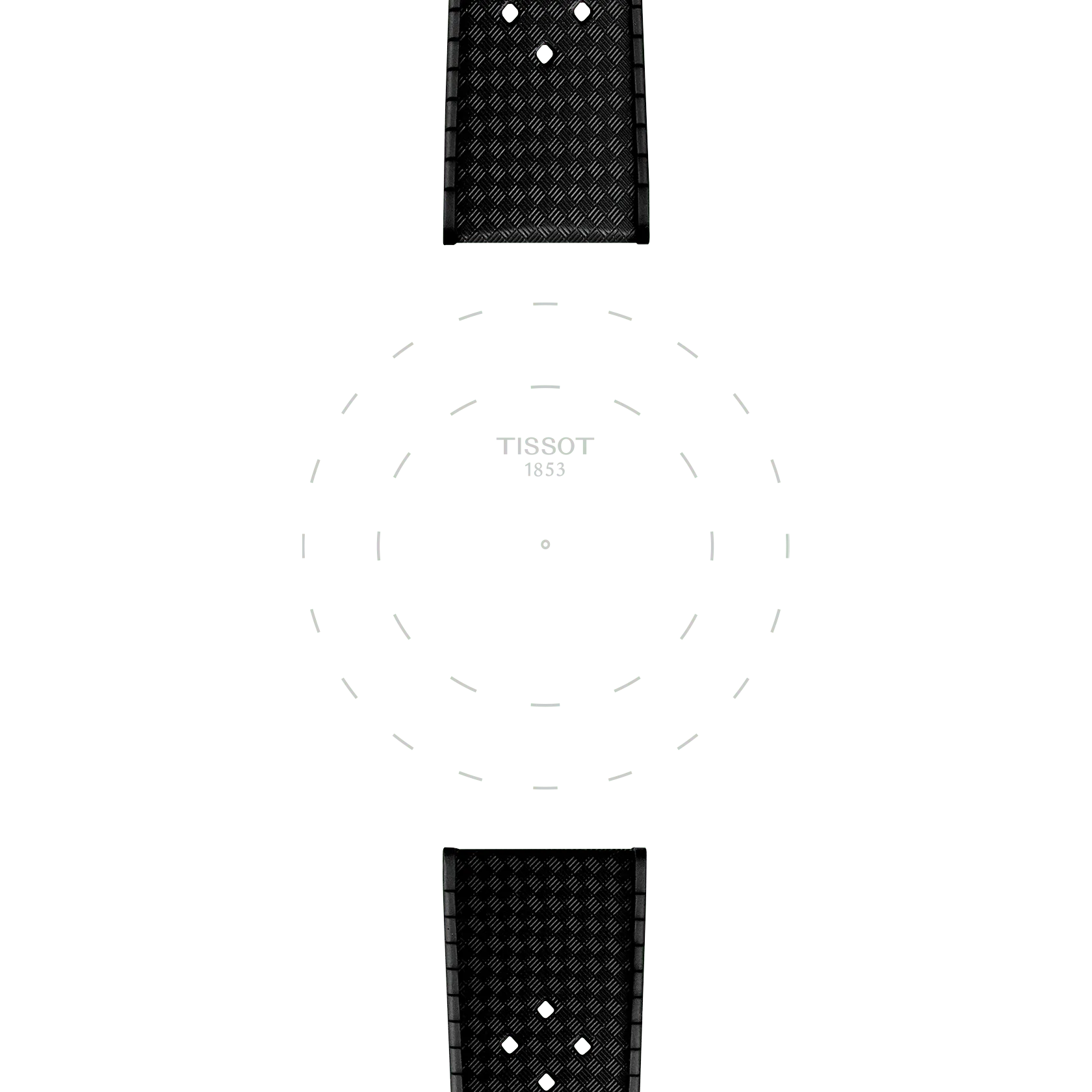 Two Tissot Official Black Rubber Strap Lugs 20mm are positioned above and below a white background featuring a subtle circular pattern and the "TISSOT 1853" logo in the center.
