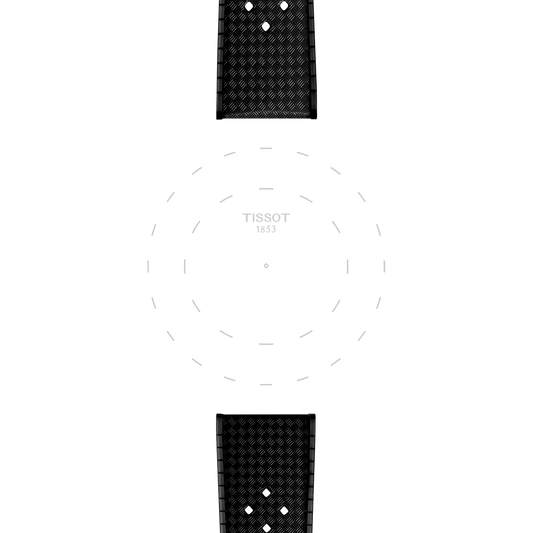 Two Tissot Official Black Rubber Strap Lugs 20mm are positioned above and below a white background featuring a subtle circular pattern and the "TISSOT 1853" logo in the center.