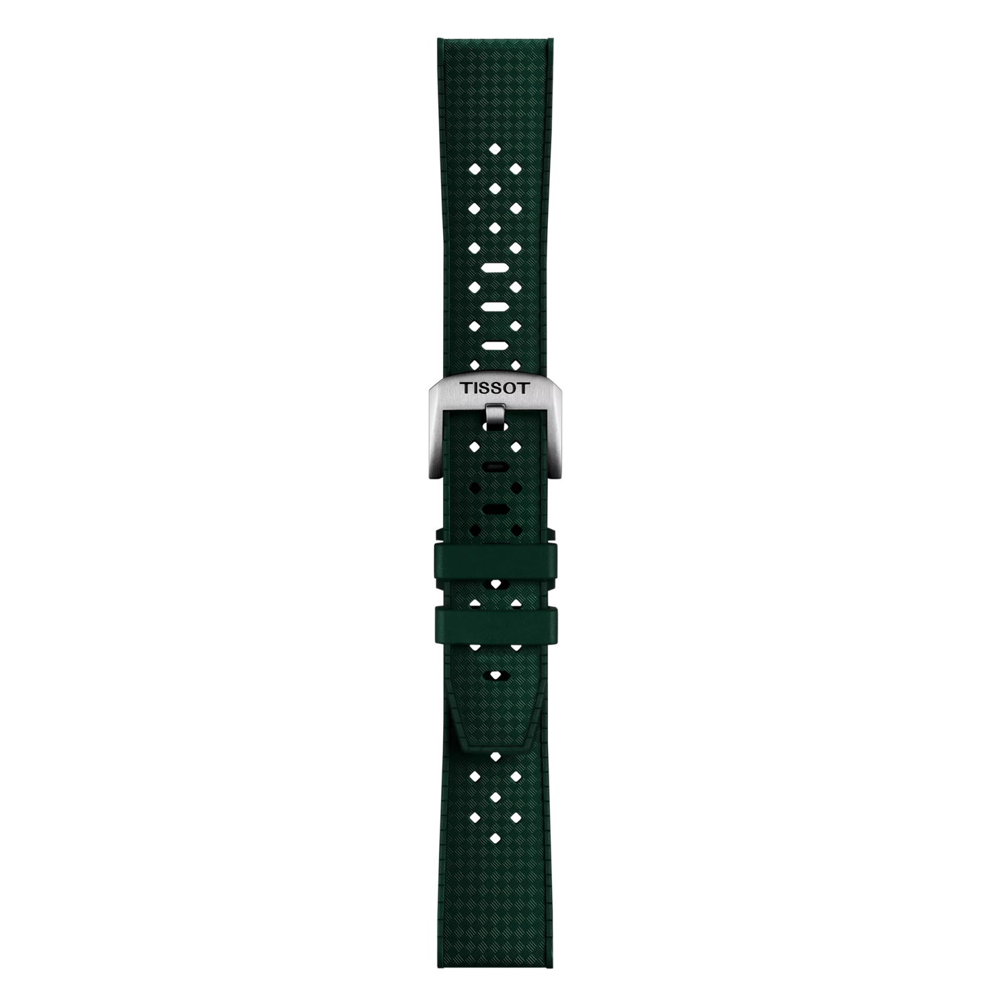 The Tissot Official Green Rubber Strap (20mm lugs) features a dark green textured finish with multiple small holes and a silver buckle engraved with "TISSOT," displayed vertically against a plain white background.
