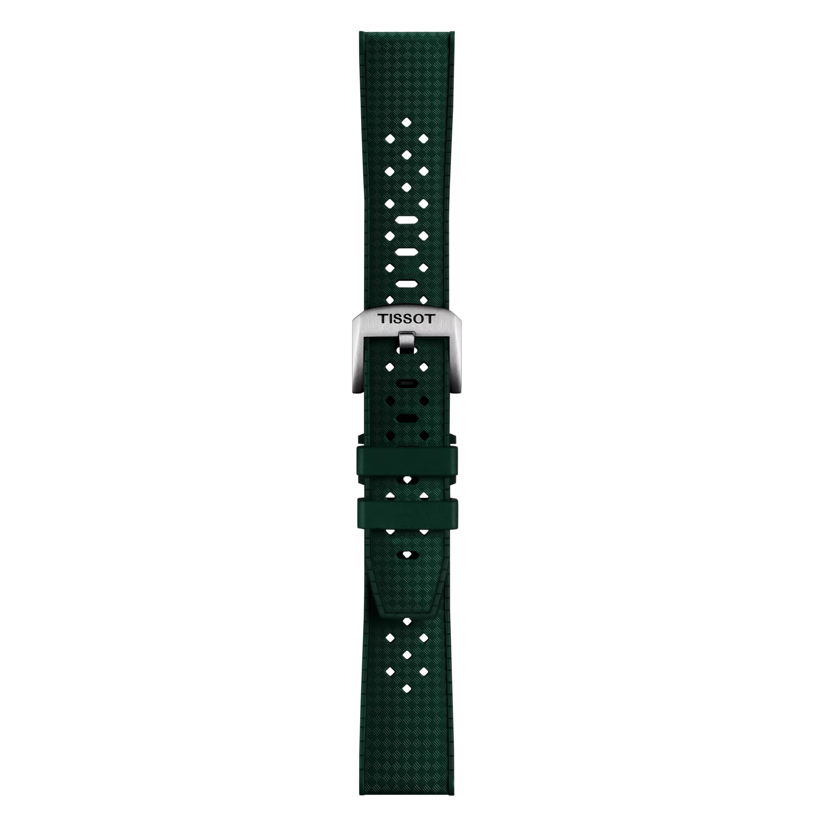 The Tissot Official Green Rubber Strap (20mm lugs) features a dark green textured finish with multiple small holes and a silver buckle engraved with "TISSOT," displayed vertically against a plain white background.