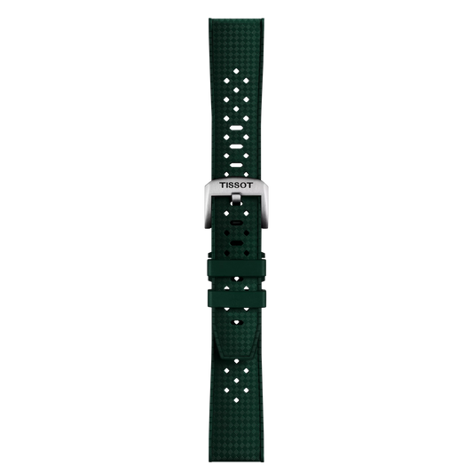 The Tissot Official Green Rubber Strap (20mm lugs) features a dark green textured finish with multiple small holes and a silver buckle engraved with "TISSOT," displayed vertically against a plain white background.